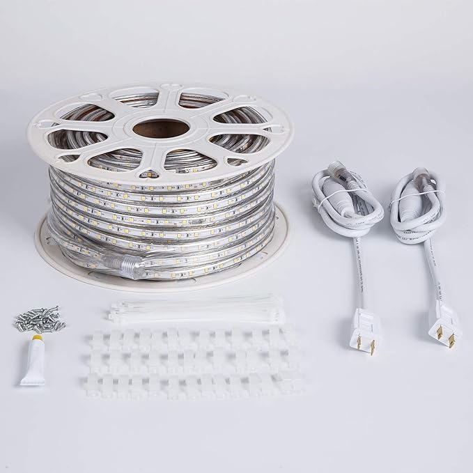 110V Daylight White Led Strip Light Outdoor 131.2ft 40m 6000K Led Rope Lights IP65 Waterproof Indoor Flexible Cuttable Connectable Ideal for Backyards Bedroom Car Deck Decorative Lighting
