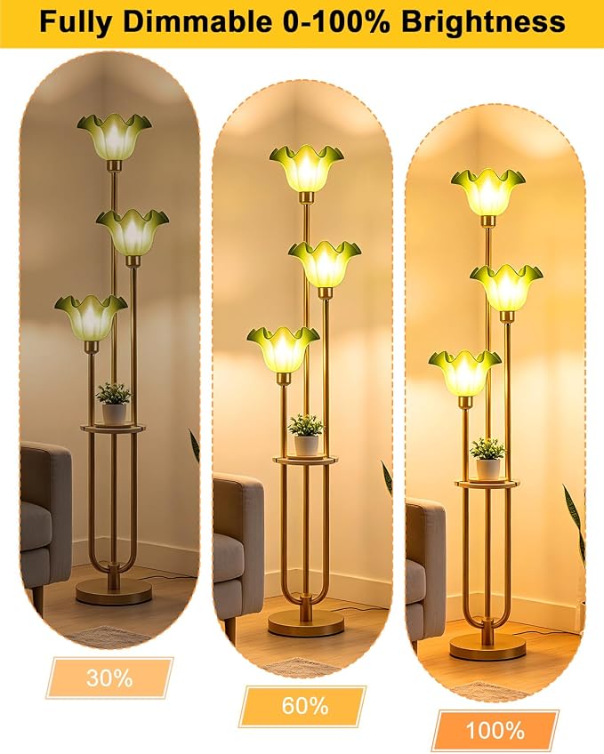 Green Flower Floor Lamp for Living Room, Mid Century Modern Floor Lamp Dimmable with Shelf & LED Bulbs, 3 Light Warmwhite Gold Tall Standing Lamp for Bedroom Girls Room Home Decor