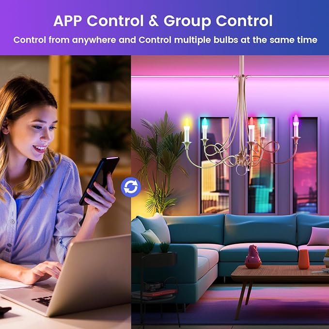 OHLUX 6 Pack E12 Smart Candelabra LED Light Bulbs, Color Changing Compatible with Google Alexa and Smart Life, 5W 40W Equivalent WiFi Candle Bulbs with Remote Control, Timer