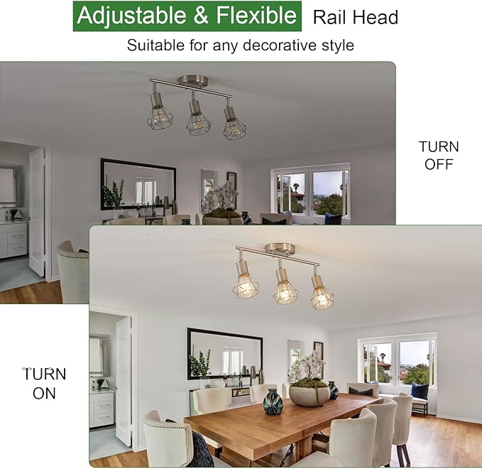 Brushed Nickel Track Lighting 3 Light Semi Flush Mount Ceiling Light Fixture Adjustable Flexibly Rotatable Farmhouse Dining Room Kitchen Light Fixtures with Metal Cage
