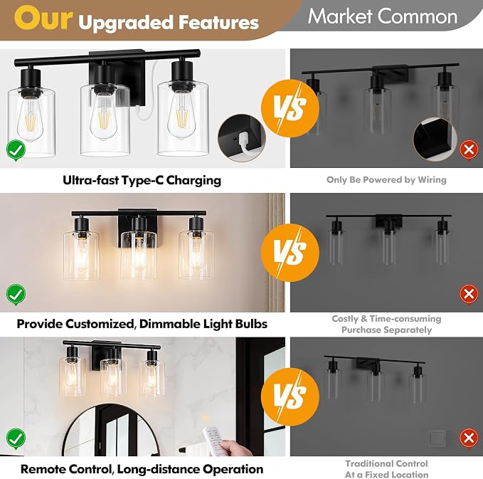 Battery Operated Wall Sconce, 3-Light Black Wireless Rechargeable Vanity Light Fixture with Remote & Bulbs, Dimmable Modern Indoor Non-Hardwired Wall Mounted Lamp for Bedroom, Living Room, Bathroom