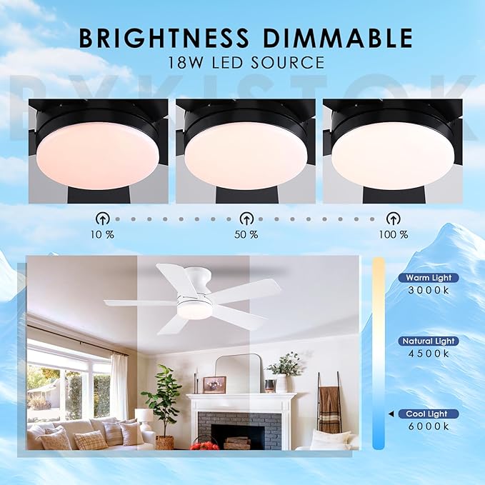 41 inch Ceiling Fans with Lights, White Flush Mount Ceiling Fan with Remote, 3CCT, LED Dimmable, Reversible, 6 Fan Speeds, Quite Low Profile Ceiling Fan with Lights Modern Bedroom Kitchen Indoor