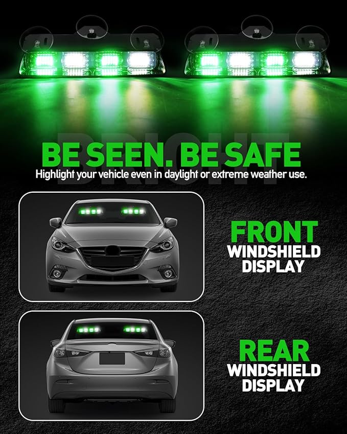 HLauto 2002L Emergency Dash Strobe Lights: Green White Safety Lights, Flashing Warning Hazard Windshield Visor Traffic Light Bars for Trucks, Construction Vehicles (2x8.5 inch, 48LED)
