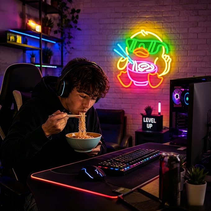 Duck Ramen Neon Sign Led Sign Neon Signs for Wall Decor Neon Light | Duck Led Lights Up Sign, Dimmable, Yellow Room Decor, Boys Girls Gift, Party, Ramen Restaurant Wall Decor, 5V USB Powered