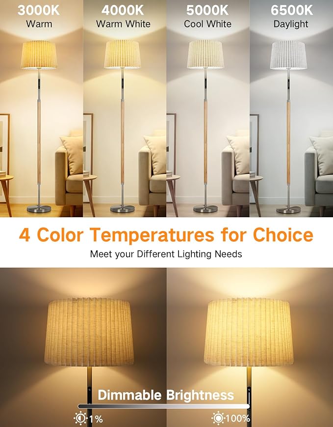 OUTON Wood Floor Lamp with Remote & Touch Slider, 4 Color Temperatures, Stepless Dimmable LED Standing Lamp with 2 Interchangeable Fabric Shades for Living Room, Bedroom, Office,Wood