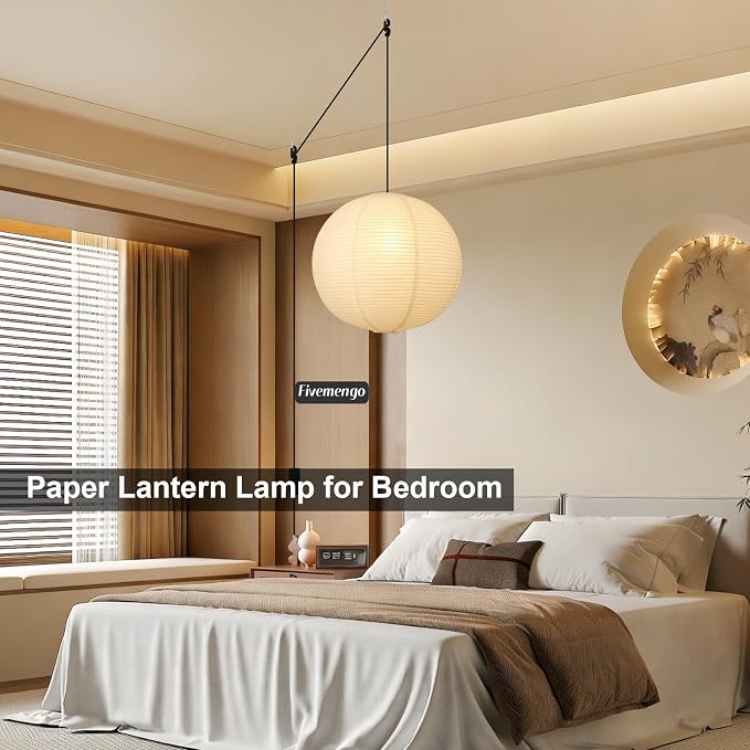 20in Paper Lanterns Plug in Hanging Lamp Off-White 19.7FT Cord | Rice Paper Lamp Lantern Pendant Light Large Globe Japanese Japandi Wabi Sabi Chandelier for Dining Living Room Bedroom 1 Pack