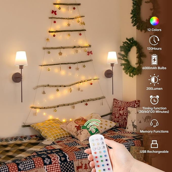 Shenmoyl Battery Operated Wall Sconces Set of 2, Walnut Finish Wall Lamp 6000 mAh Rechargeable Bulb with 12 RGB Colors Dimmable Wall Sconce for Living Room Bedroom