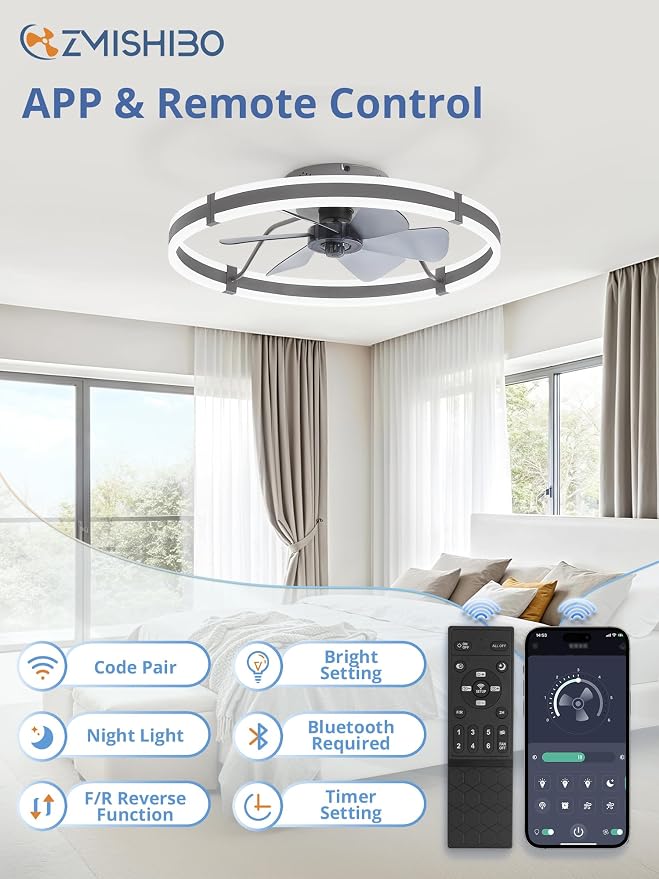ZMISHIBO Low Profile 24'' Ceiling Fans with Lights and Remote, Gray | 3000-6000K Dimmable LED Fandelier, Quiet DC Motor, Reversible Airflow, 6 Wind Speeds, Timer, Bedroom, Living Room, Kitchen