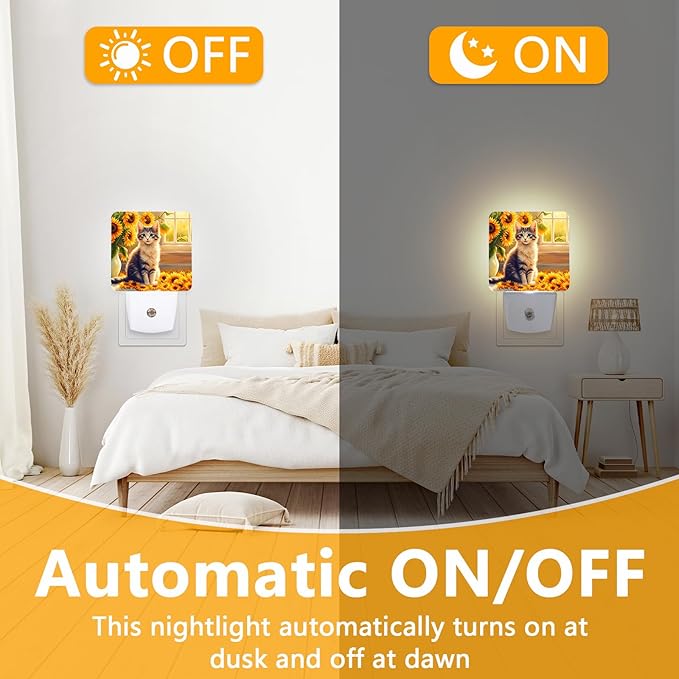 Cute Cat Sunflower Night Light, Plug-into Nightlight White LED Lamp, Energy Efficient Decor Desk Lamp for Bedroom Hallway Stairs Bathroom
