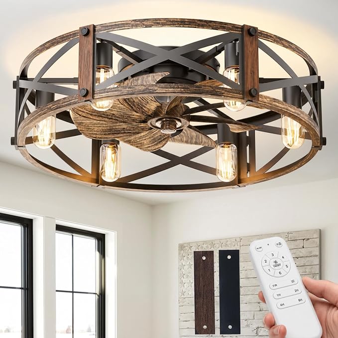 Passky 24" Caged Ceiling Fans with Lights and Remote, Low Profile Fandelier | Reversible DC Motor, 1/2/4/8H Timer, 6 Speeds, Farmhouse, Quiet Operation, 6 E26 Sockets, For Bedroom, Kitchen, Dining Room