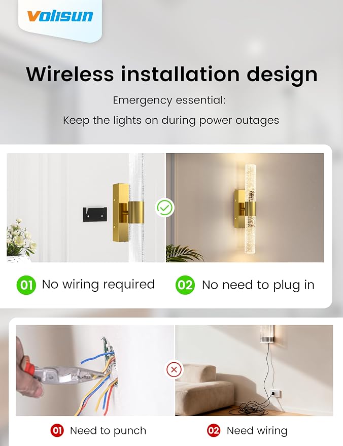 VOLISUN Battery Operated Wall Sconces Set of Two,Gold Sconces Wall Decor Set of 2,Wireless Wall Sconces with Remote,Rechargeable Wall Light for Living Room,Bedroom,Bathroom,Vanity (15.3 inch)