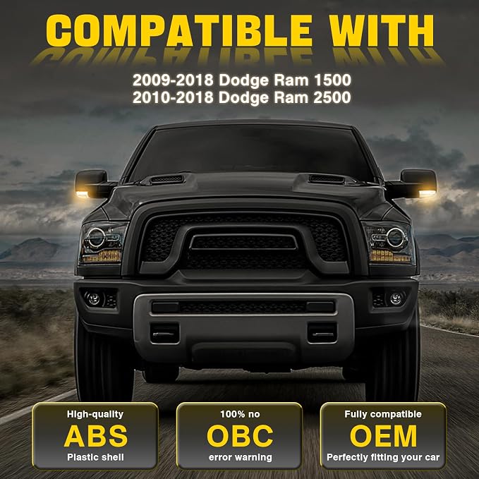 LED Side Mirror Light Turn Signal Bulb Puddle Lamp Lens Cover Fit For Dodge Ram 1500 2009-2018 Ram 2500 2010-2018 Replaces 68064949AA/68064949AA Left Driver Right Passenger side