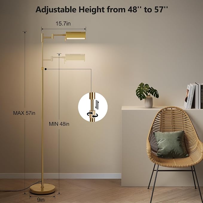 SUNMORY Dimmable LED Pharmacy Floor Lamps, 16W/1500LM Bright Reading Lamp | Remote Touch Control, 350°Swing Arm, Adjustable Height, Task Craft Tall Standing Light for Living Room Bedroom Office, Gold