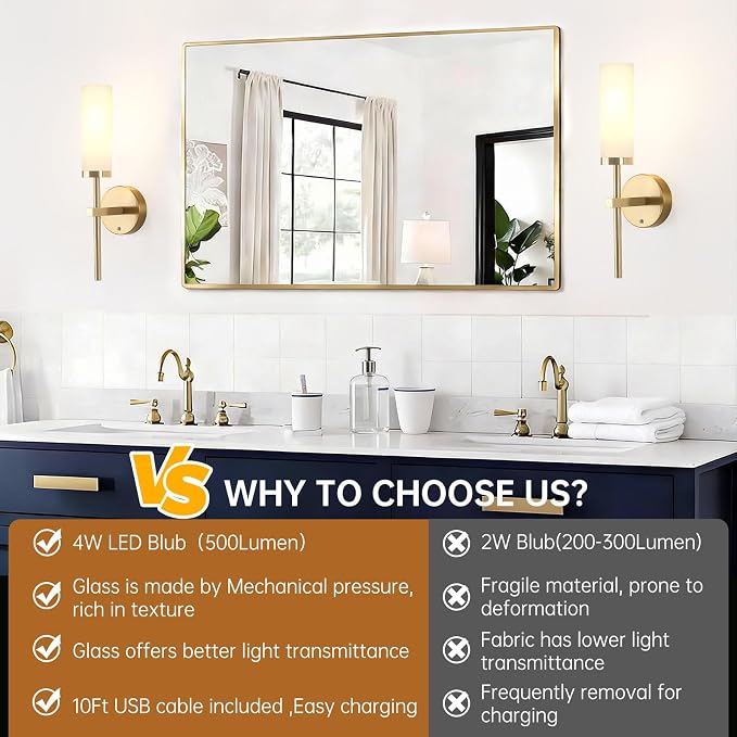 Shenmoyl Battery Operated Wall Sconces Set of 2, Gold Rechargeable Wall Lighting Fixtures, Dimmable Wall Lights with Remote & Opal Glass Shade for Living Room, Bathroom,Bedroom
