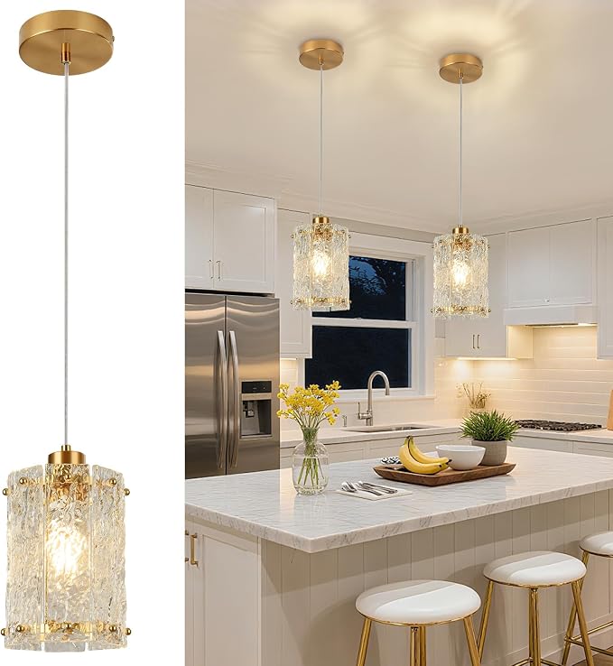 Gold Pendant Lights Kitchen Island 1 Pack Modern Water Ripple Glass Pendant Lights Mini Chandelier Adjustable Hanging Pendant Lighting for Kitchen Island Dining Room Over Sink Table Entryway