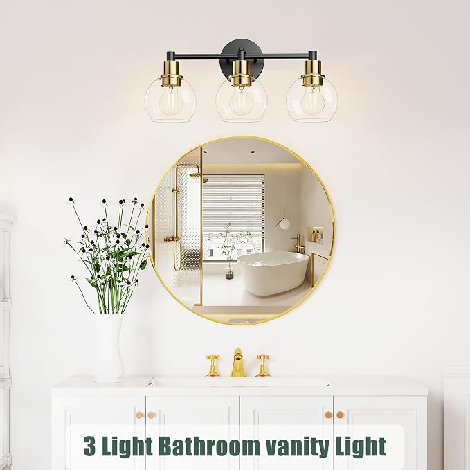 3 Light Bathroom Light Fixtures, Black and Gold Bathroom Vanity Lights, Modern Vanity Lights 3-Light Globe Bathroom Vanity Lighting Fixture Over Mirror