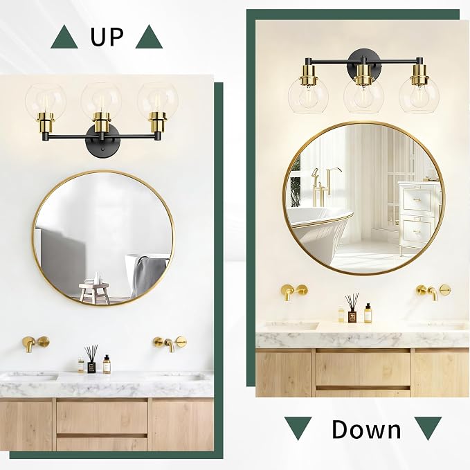 3 Light Bathroom Light Fixtures, Black and Gold Bathroom Vanity Lights, Modern Vanity Lights 3-Light Globe Bathroom Vanity Lighting Fixture Over Mirror