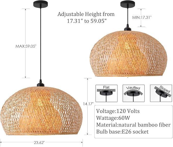 23.6" Bamboo Chadelier,Rattan Pendant Light | Hand Woven Bamboo Chandelier,23.6" Boho Wicker Hanging Light for Kitchen Island Dining Bedroom Living Room Restaurant