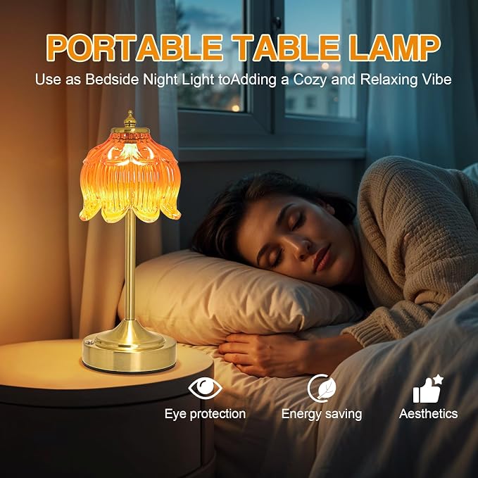 Cordless Table Lamp, Rechargeable Honey Glass Lotus Flower Lamp | 5200mAh touch lamp with 3 color modes and stepless dimming, battery operated lamp for nightstands and kitchen counters