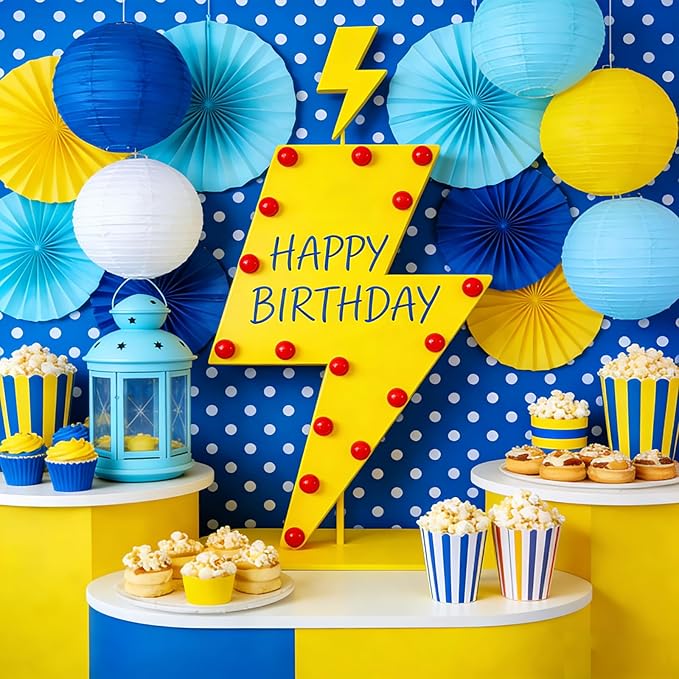 Bright Paper Lanterns Set (12 Pcs) - 6/8/10 Inch Navy, Yellow, Lemon Yellow, Light Blue & White Hanging Paper Lanterns for Ramadan, Cartoon Parties, Birthday,Sport,Weddings & Home Decor