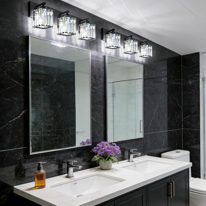 Black Crystal Bathroom Vanity Light, 3-Light Modern Bathroom Lighting Fixtures Over Mirror, Matte Black Wall Sconce Light Fixtures with Square Shade