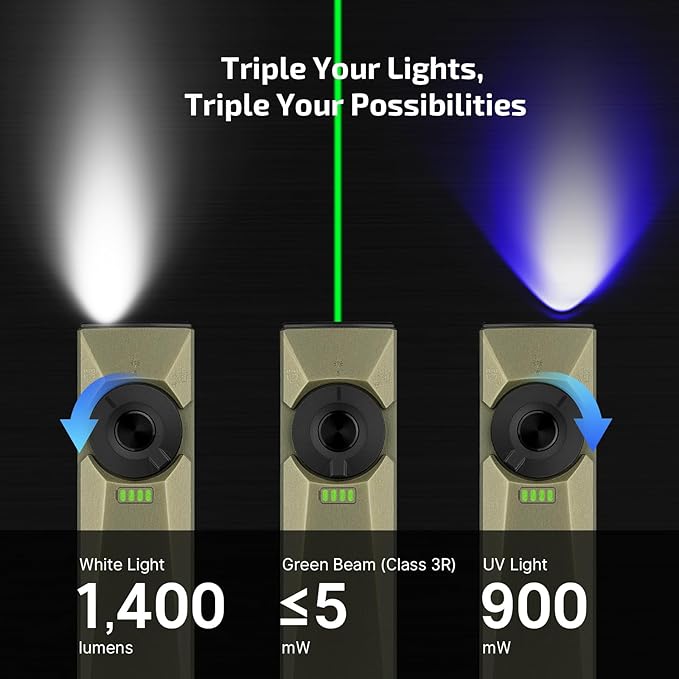 OLIGHT Arkfeld Ultra EDC Flat Flashlight Rechargeable, OAL, Olive-Green CW | Green Beam,UV Light, White LED, 1400 Lumens, Compact Magnetic Pocket Flashlight for Emergency Inspection Working