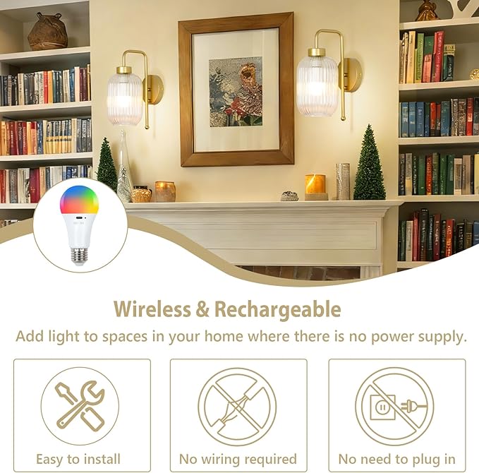 Vintage Battery Operated Wall Sconces Set of 2, Wireless Wall Lights with Remote and Color Temperature Bulb, Gold Cordless Rechargeable Wall Lamps with Clear Glass Shade for Bedroom Living Room