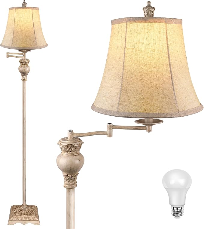 Vintage Floor Lamps for Living Room,Traditional 350° Adjustable Swing Arm Farmhouse Floor Lamp for Bedroom, Rustic Standing Lamp Pole Lamps for Reading, Home Décor and Office, White