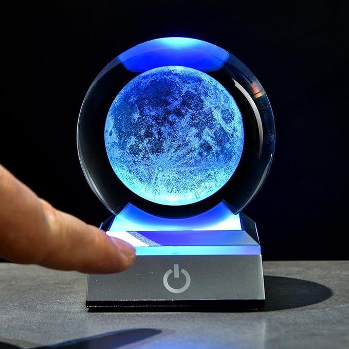 3D Moon Crystal Ball with LED Stand, Moon Figurine Decor Glass Sphere Lamp Night Light Gifts for Women Men Mom Kids