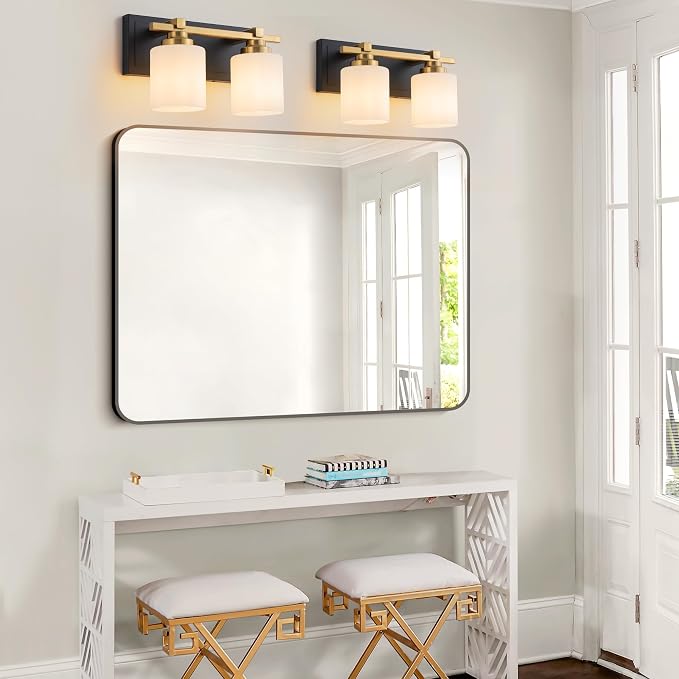 Modern Bathroom Light Fixtures Over Mirror, Vanity Lights for Bathroom Wall Sconces with Milky White Glass Shades, E26 Socket (Bulbs Not Included), 2 Light, Black Gold