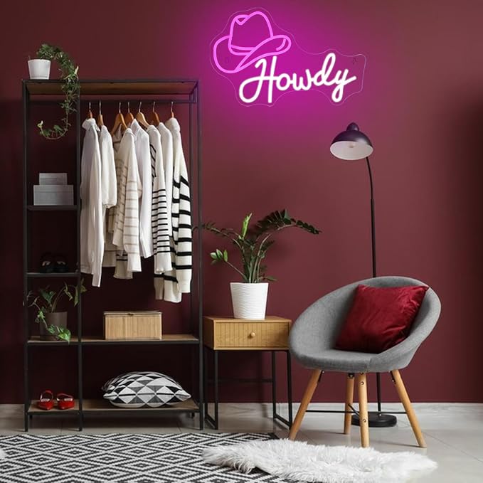 Cowboy Hat Neon Sign Howdy Cowboy Neon Signs Cool LED Neon Lights Dimmable Neon Signs USB Powered for Gameroom, Man Cave Beer Bar Cafe Recreation Room(Pink White)