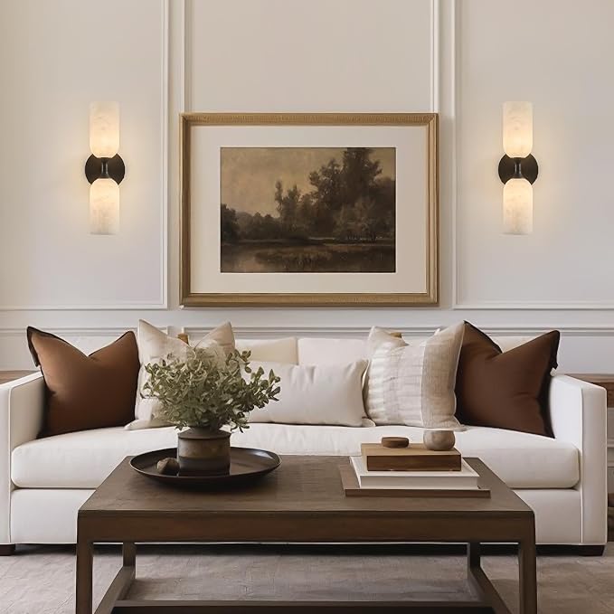14" Alabaster Wall Sconce, Antique Oil Rubbed Bronze Black Brass | Natural Spanish Alabaster, Unique Marble Pattern, Solid Aged Brass, Elegant Statement Design, Horizontal or Vertical Mounting