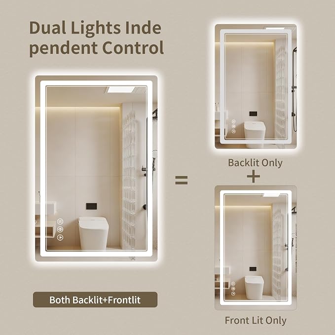 24"x32" LED Bathroom Mirror with Lights, Backlit + Front Lit, Anti-Fog, Lighted Bathroom Mirror for Wall, HD Shatterproof Tempered Glass, Dimmable, Memory Function (Horizontal/Vertical)
