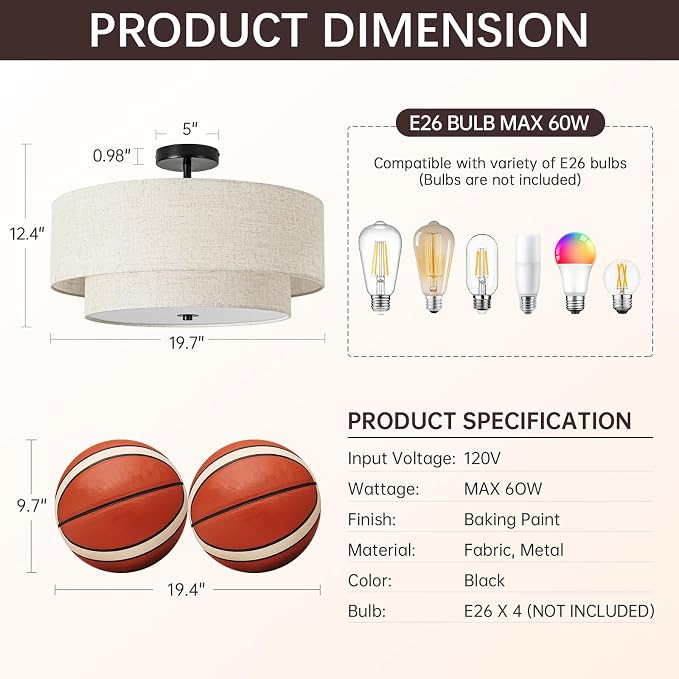 4-Light Semi Flush Mount Ceiling Light, 19.7" Double Drum Ceiling Light | 2-Tier Fabric Linen Shade Design, Modern Style, Black Ceiling Light for Dining Room, Living Room, Bedroom, Hallway, Entryway