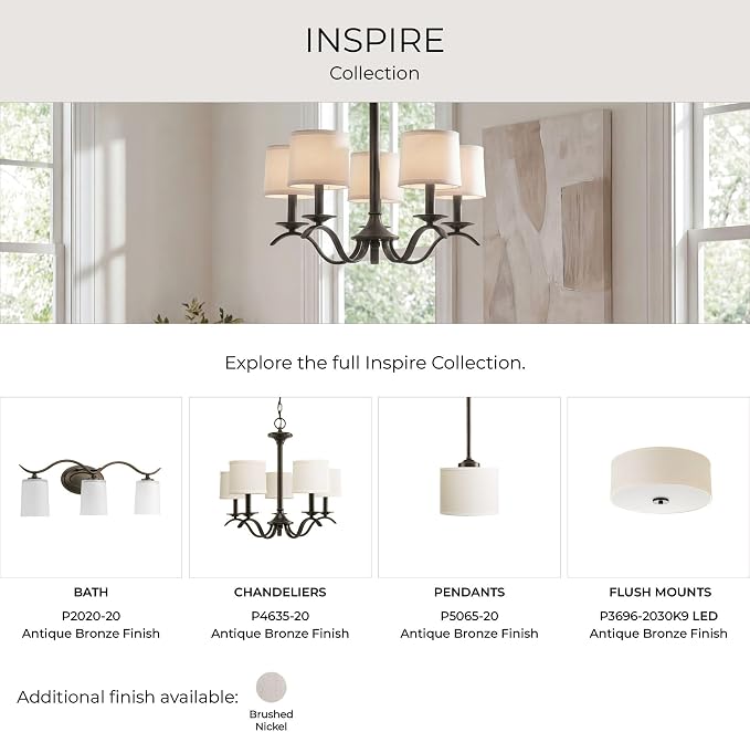 Progress Lighting P3713-20 Inspire Two-Light Flush Mount, Antique Bronze, 5.50x13.00x13.00