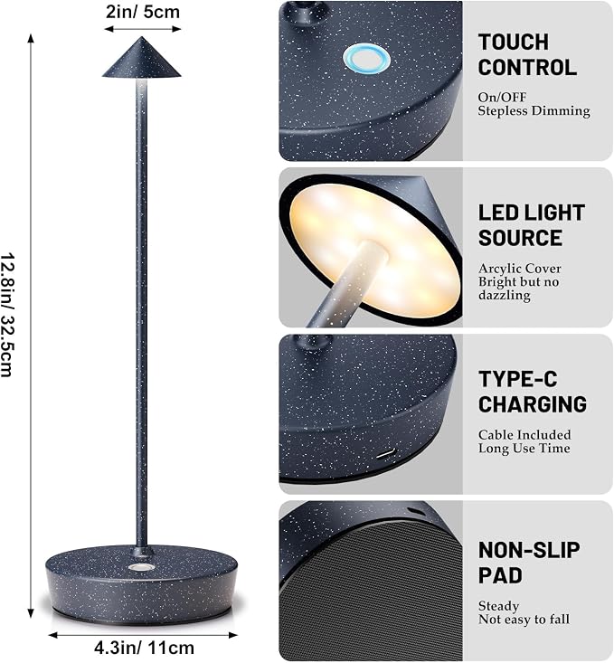 2Pack Rechargeable Cordless Table Lamp, Portable Powered LED Battery 6000mAh Metal USB Desk Lamp, 3 Levels Brightness Light for Restaurants Outdoor (2pack Blue White)
