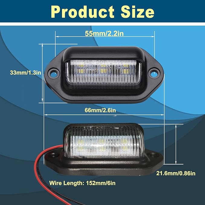2PCS Xenon White LED License Plate Light - 12V-24V DC Waterproof 6-SMD Lamp Taillight for Truck, SUV, Trailer, Van, RV, Boats - Step Courtesy, Dome/Cargo, Under Hood Light