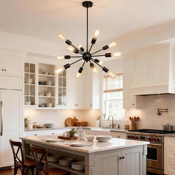 Sputnik Chandeliers Black, Modern 12-Light Farmhouse Pendant Light Mid Century Lighting Vintage Industrial Ceiling Hanging for Living Dining Room, Bedroom, Kitchen Island, Foyer