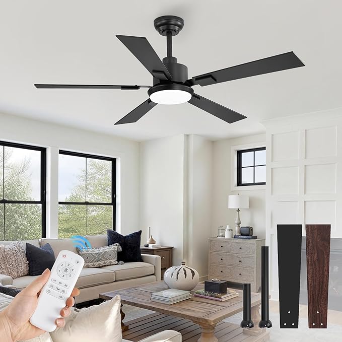 ZMISHIBO 52" Ceiling Fans with Lights for Bedroom, Living Room, Remote | High CFM Powerful Airflow, Quiet DC Motor, 3 CCT LED, Indoor/Covered Outdoor, Dual-Finish, Damp Rated, Black