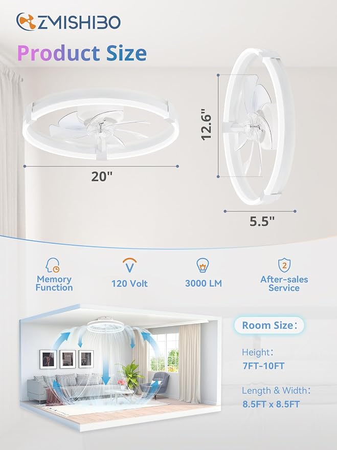 ZMISHIBO 20" RGB Low Profile Ceiling Fans with Lights and Remote, White | Custom RGB+3CCT Dimmable, 6 Speeds, Remote/App Control, Reversible DC Motor, Memory, Timer, Modern Fandelier for Kids/Bedroom