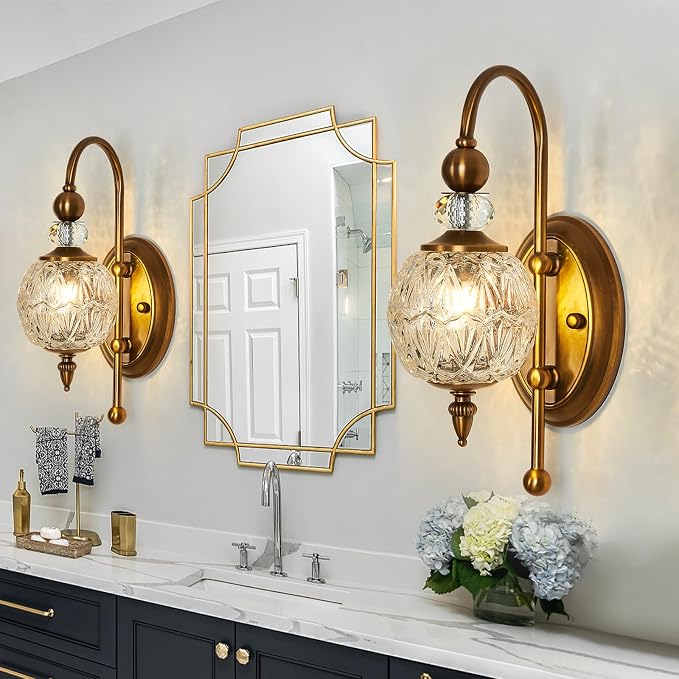 Piepooye Vintage Gold Wall Sconce Set of Two Mid Century Brushed Brass with Glass Globe Shade Vanity Light Indoor G9 Bulb Wall Light for Bathroom Farmhouse Bedroom Living Room Hallway