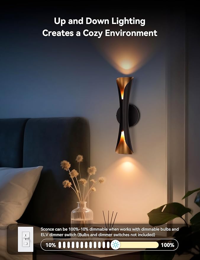 Tubicen Modern Wall Sconces Set of 2 Up and Down Wall Lights Indoor Dimmable Mid Century Modern Black and Gold Wall Sconces for Bedroom Living Room Home Theater Hardwired 15.7" H