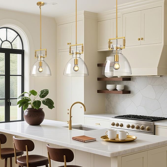 Mondern Large Gold Kitchen Island Pendant Light, 10 '' W 1-Light Glass and Brass Island Pendant Lights,Dome Pendant Light, for Kitchen,Dining Room,Bathroom,Bar