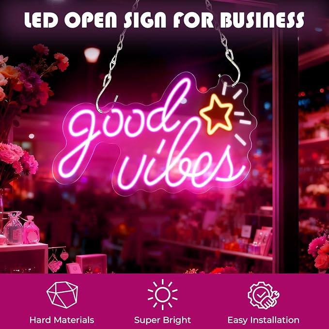 Good Vibes Neon Sign, 16 * 8.6 Inches Led Sign, Neon Signs for Wall Decor with Dimmable Switch, Powered by USB Light up Sign, Pink Neon Lights for Teen Girls Bedroom, Salon, Party