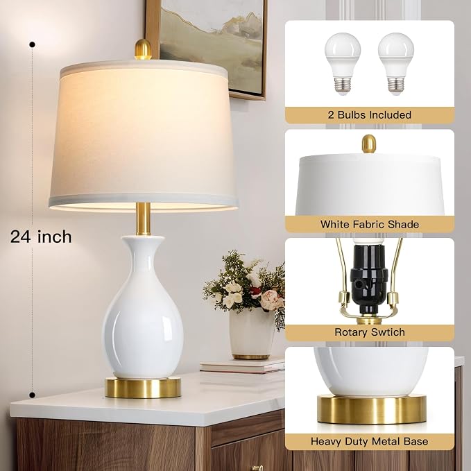 24" White Ceramic Table Lamps Set of 2 for Bedroom, Modern Classic Bedside Lamps for Nightstand, Small Table Lamp for Living Room Side Table (2 LED Bulbs Included)