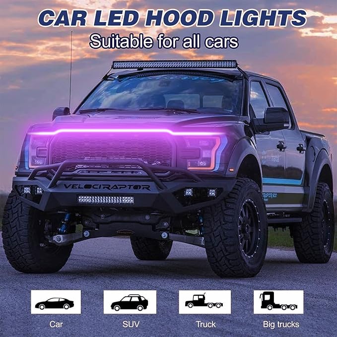 Car LED Hood Light Strip for Cars, SUVs, Trucks, Pink, 70 Inch | 12V, Universal, Flexible Waterproof Daytime Running Light, Dynamic Scan Start-up Effect, Super Bright Bonnet Lights