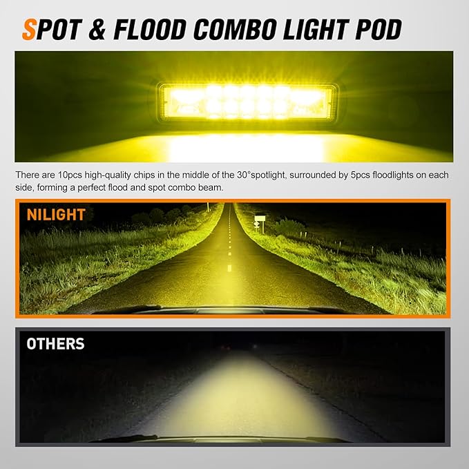 Nilight 6 Inch Yellow LED Light Pods 2 PCS 60W Flood Spot Combo Beam Off Road Work Driving Fog Lighting for 12V 24V ATV UTV Pickup Truck Tractor Boat