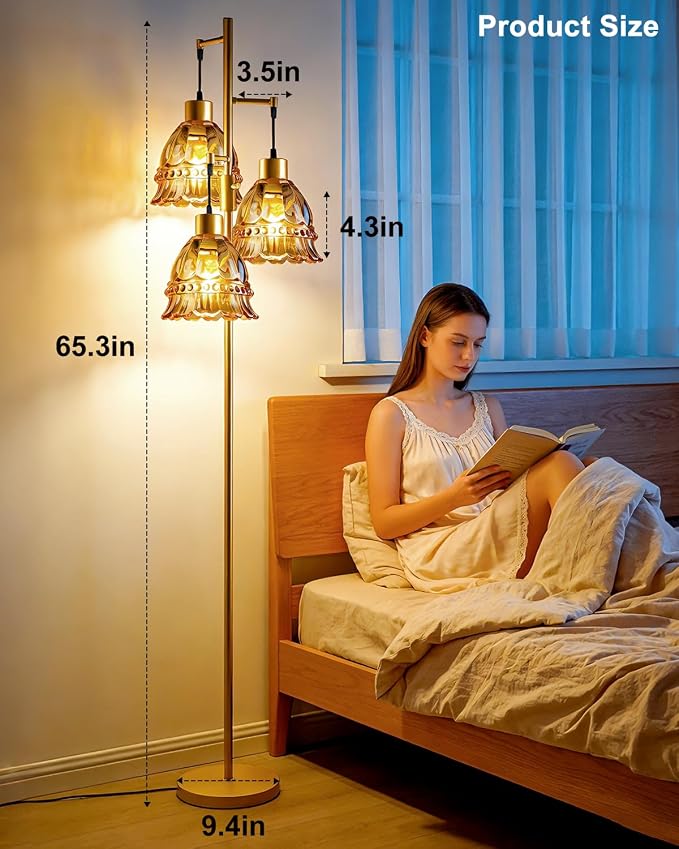Lightdot 3-Lights Glass Floor Lamp Dimmable Gold Floor Lamps with Brown Glass Shade 3000K Bulbs Included Unique Modern Standing Tall Lamp with 5Lbs Heavy Base for Living Room/Bedroom/Sofa Beside