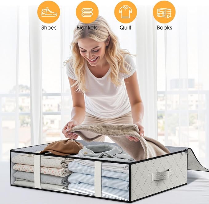 StorageRight Under Bed Storage Bags, 2 Pack, 40L, White | Breathable Non-Woven Fabric with a Clear Window and Zippered Top for Clothes, Comforters, Blankets and Seasonal Storage