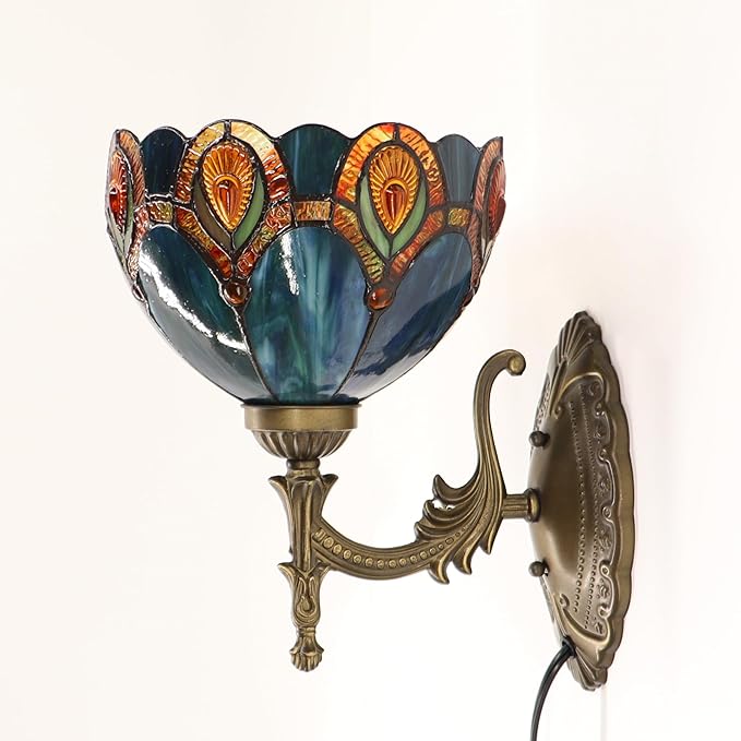 Tiffany Sconce Lamp Stained Glass Wall Lamp,8X10.5X11 Inch Plug in Wall Bedside Light for Hallway Bedroom (Peacock Crystal)